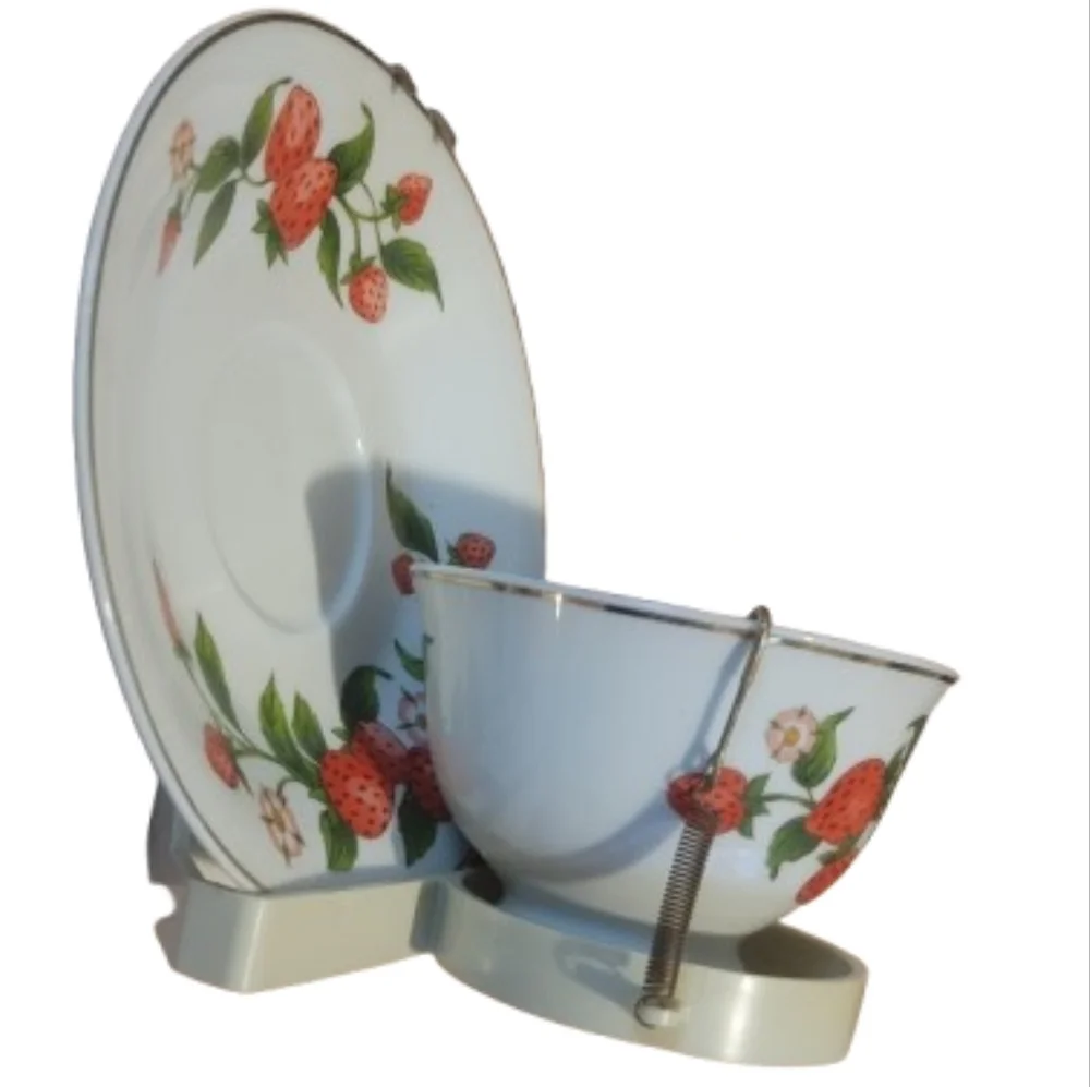 Vintage Teleflora Strawberry Patterned Cup and Saucer Set With Stand Cottagecore